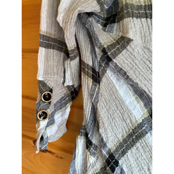 Habitat Womens Plaid Textured Linen Blend Top Size L Asymmetric Hem‎ Long Sleeve - Picture 9 of 12